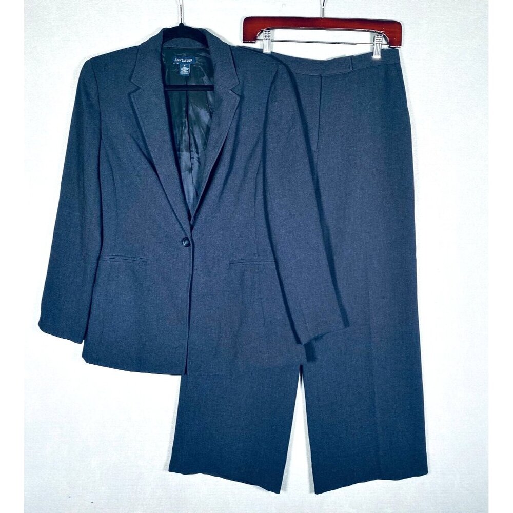 Ann Taylor Suit Womens 8 Blue Stretch 2 Piece Blazer Jacket Wide Leg Pants